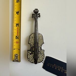 Givenchy Paris Vintage 1970's Figural Violin Brooch Gunmetal Finish & Rhinestone